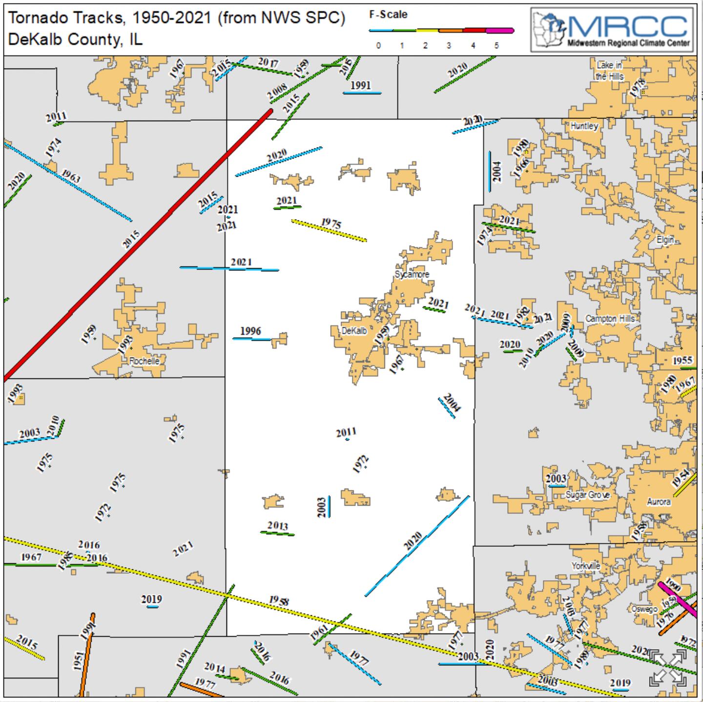 A screen shot of a National Weather Service map showing the tracks of tornados in northern Illinois from 1950 to 2021. DeKalb County is highlighted in white. The track of the 2015 EF-4 tornado that hit Fairdale can be seen as a red line extending from west of Rochelle to just north of DeKalb County.