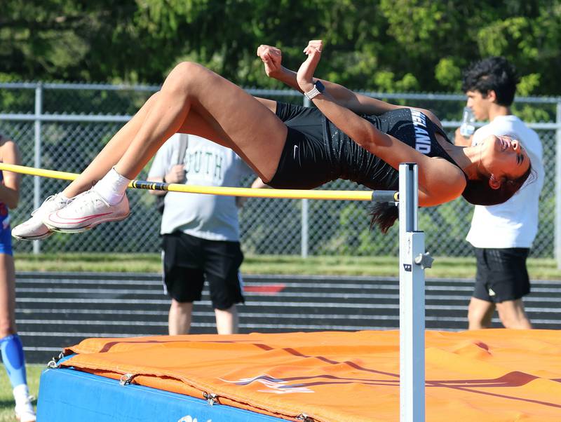 Kaneland’s Peyton Haywood clears the bar in the high jump Friday, May 15, 2026, during the Class 2A girls track sectional at Genoa-Kingston High School.