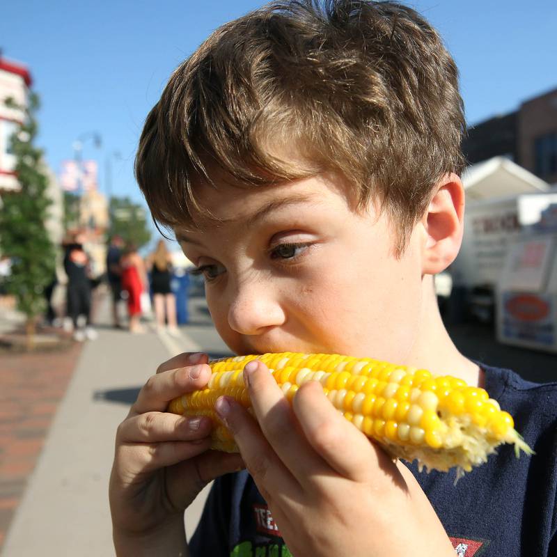 Isaac Sharp, 6, from DeKalb, chows down on some sweet corn Friday, Aug. 23, 2024, during the DeKalb Corn Fest in downtown Dekalb.