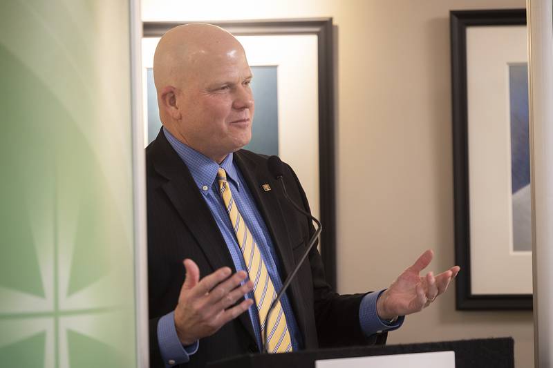 Former KSB President/CEO David Schriner speaks Tuesday, Jan. 7, 2025, during the blessing of the new OSF HealthCare Saint Katharine Medical Center.