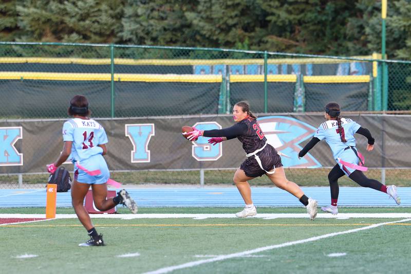 Yorkville's Kayla Kersting runs in a touchdown during the Foxes' 26-13 victory over Kankakee on Tuesday, Oct. 7, 2025.
