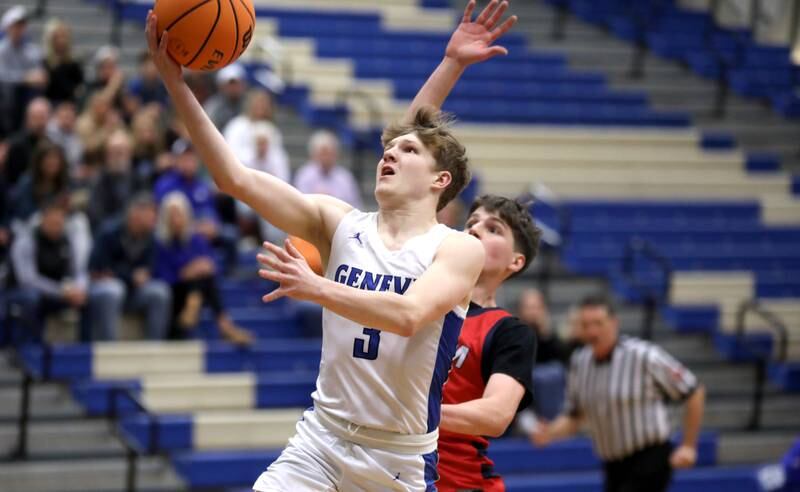 Geneva’s Elliot Kroeyr gets the ball to the basket during a game against South Elgin on Monday, Nov. 25, 2024 in Geneva.