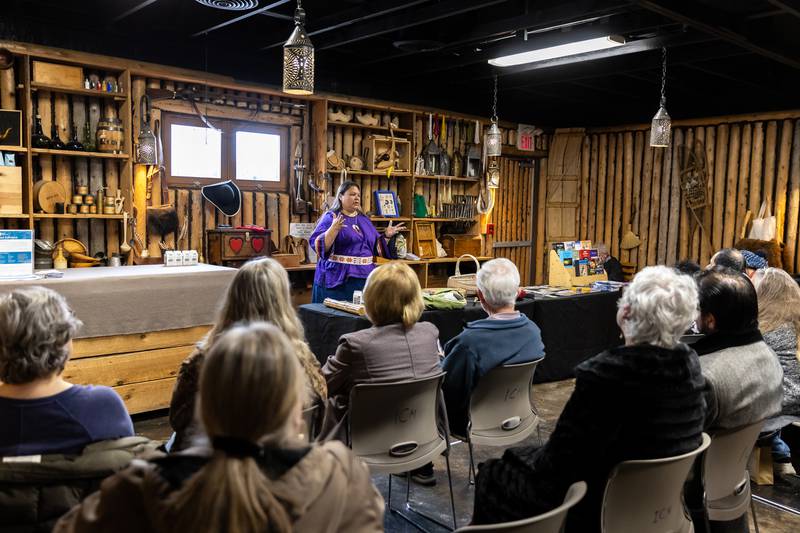 Award-winning Ojibwa author Kim Sigafus explores the impact of the Declaration of Independence on Native people during the We, the Native People presentation at the Isle a la Cache Museum in Romeoville on March 14, 2026.