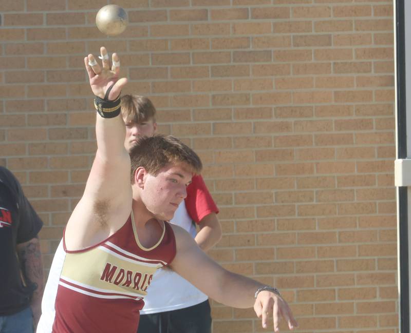 Morris's Landon Kupiec throws shot put during the Class 2A Sectional on Wednesday, May 20, 2026 at Pontiac High School.