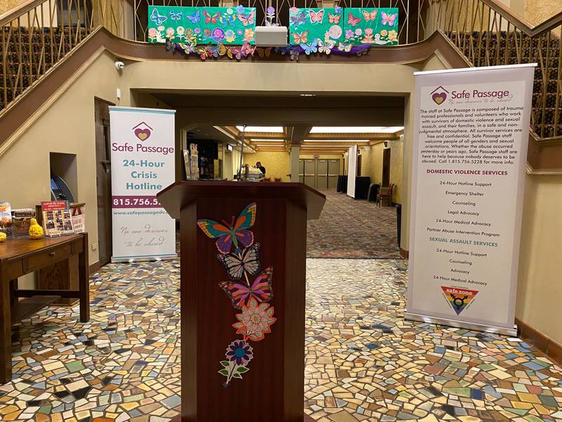 An art exhibit featuring pieces made by survivors of domestic violence and abuse was on display throughout the foyer at the annual Safe Passage Domestic Violence Candlelight Vigil and Survivor Speak-Out inside the Egyptian Theatre, 135 N. Second St. in downtown DeKalb on Monday, Oct. 2, 2023.