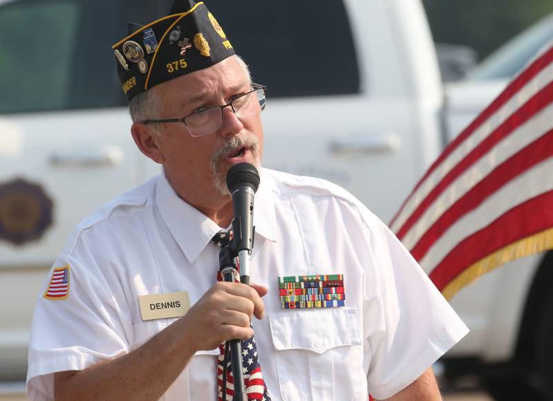 Peru Veterans Memorial Group commander Dennis Znaniecki speaks before the Flag Retirement Ceremony on Wednesday, June 14, 2023 at Veterans Park in Peru. Each year on Flag Day, the group retires flags while holding a ceremony with Boy Scout Troop 123 and Cub Scout 3709 from Peru.