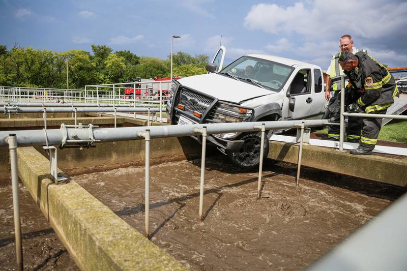 Firefighters were called just before 3 p.m. on Monday, August 18, 2025, to Woodstock’s Wastewater Treatment Plant for a vehicle that was pushed to the edge of a treatment pond following a two-car crash.
