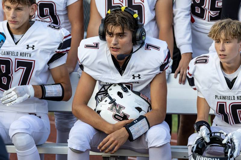 Plainfield North's Easton Isaacson prepares for the next play during a varsity football game against Lockport on Aug. 29, 2025.