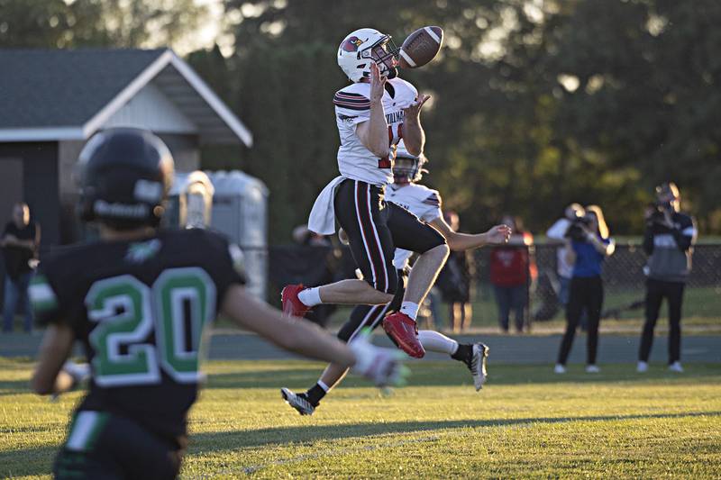 Stillman Valley’s Braden Engel hauls in an interception against Rock Falls Thursday, August 31, 2023 in Rock Falls.