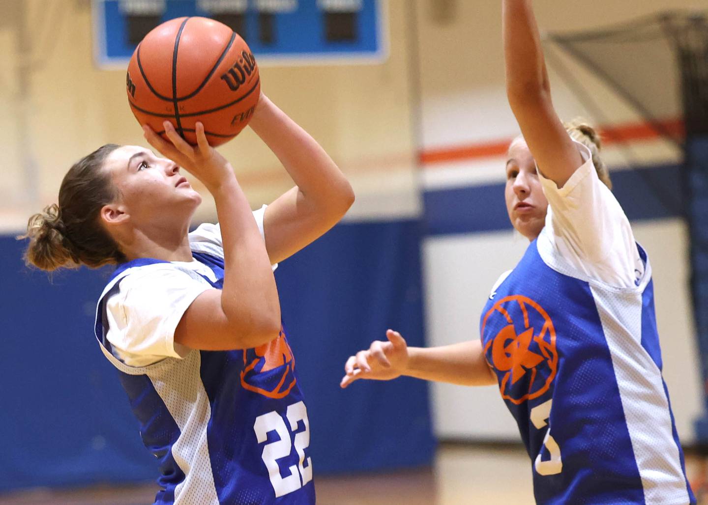 Genoa-Kingston’s Regan Creadon shoots a jumper Wednesday, June 26, 2024, during summer practice at the school.