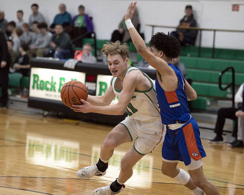 Rock Falls’ Gavin Sands drives to the hoop Friday, Feb. 10, 2023 against Genoa-Kingston.