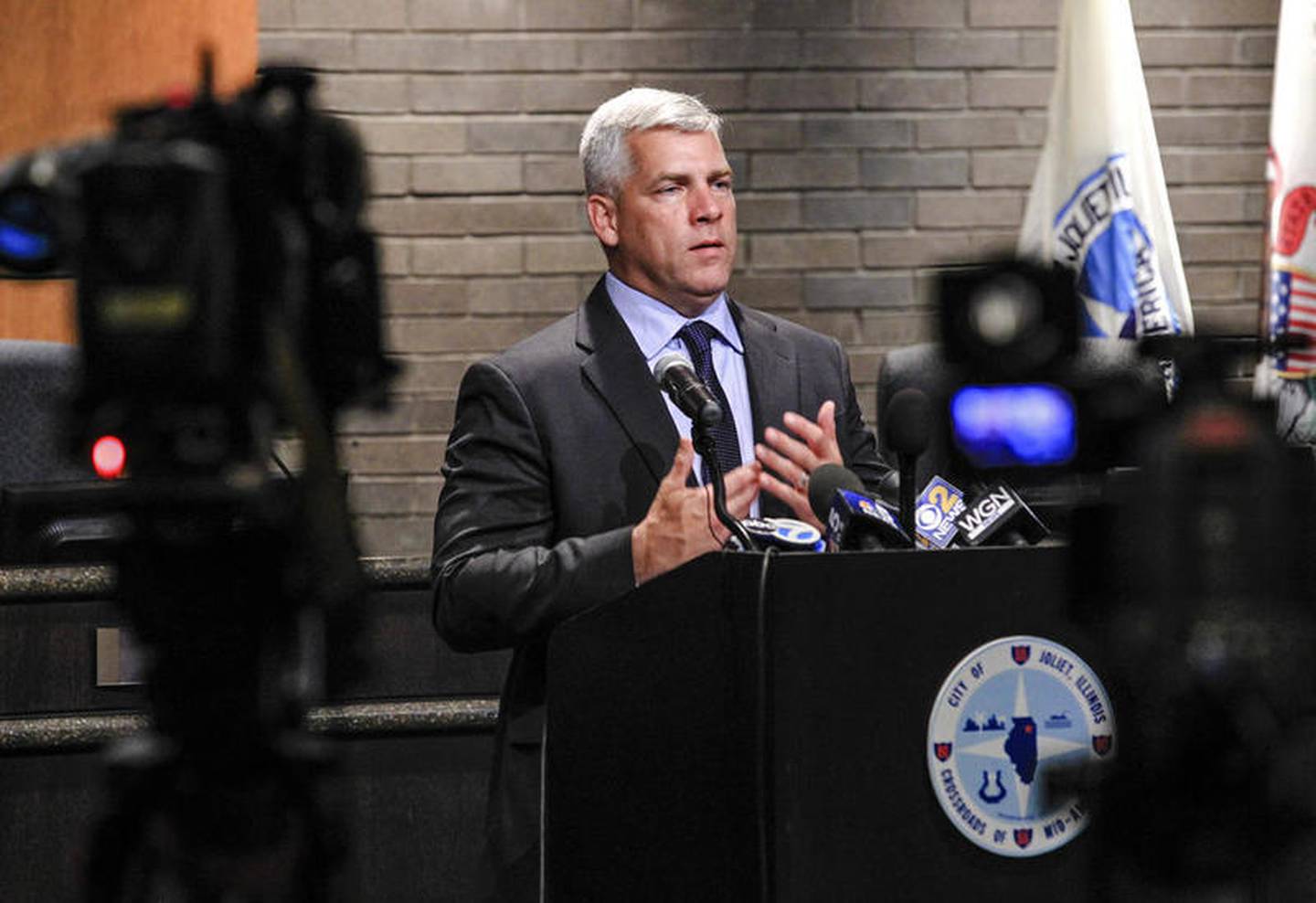 Mayor Bob O'Dekirk speaks to members of the press Tuesday, June 9, 2020, while addressing his use of force against 23-year-old Victor Williams and 28-year-old Jamal Smith on Monday, June 1, after a mob began assaulting police near the intersection of Jefferson Street and Larkin Avenue in Joliet, Ill.
