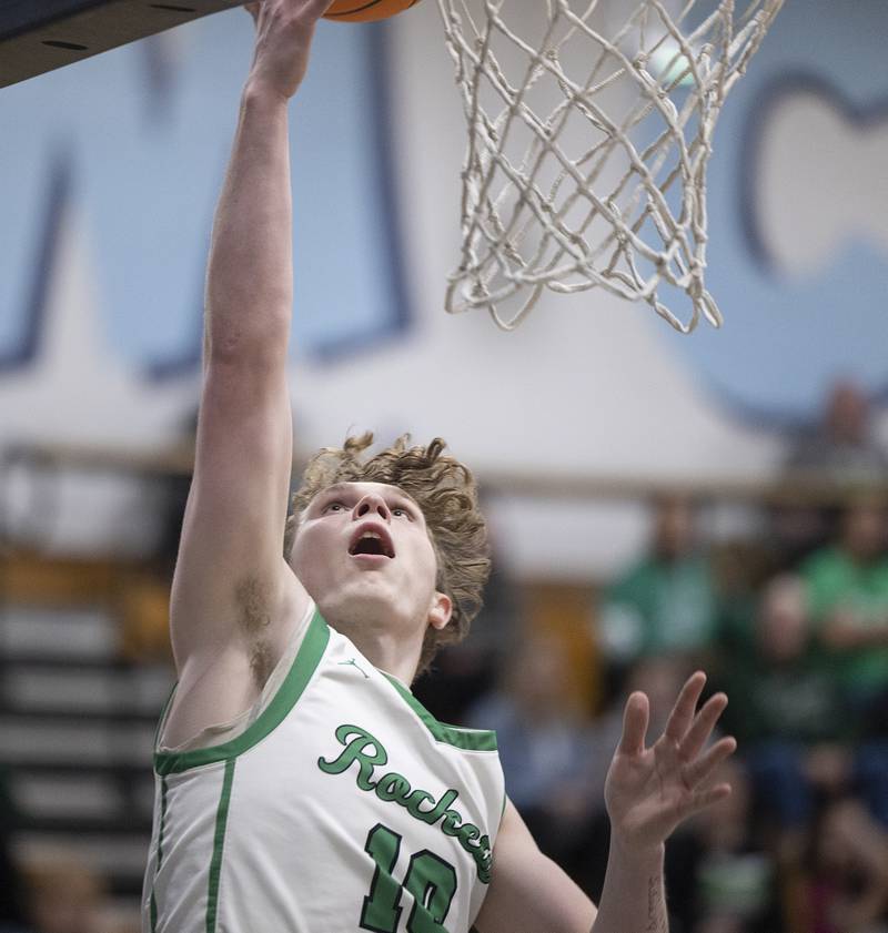 Rock Falls’ Kuitim Heald puts in a bucket against Oregon Wednesday, Feb. 26, 2025, at the Class 2A Regional semifinal at Bureau Valley High School.