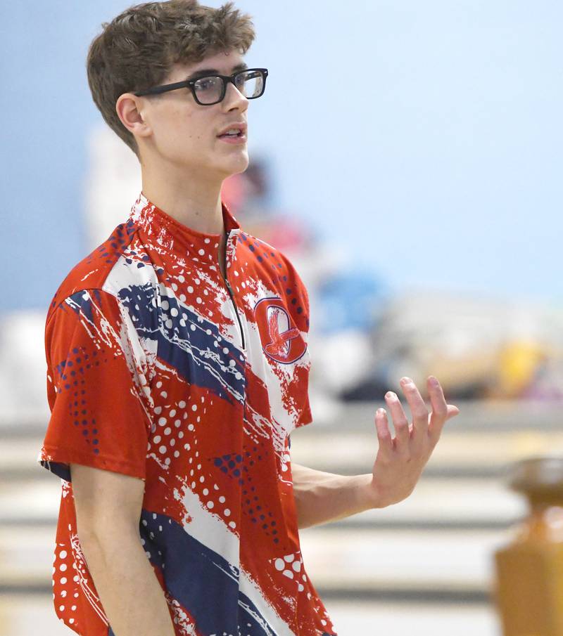 Oregon's RJ Keene reacts after making a spare during a match with Harvard at Town & Country Lanes in Mt. Morris on Friday, Dec. 19, 2025.