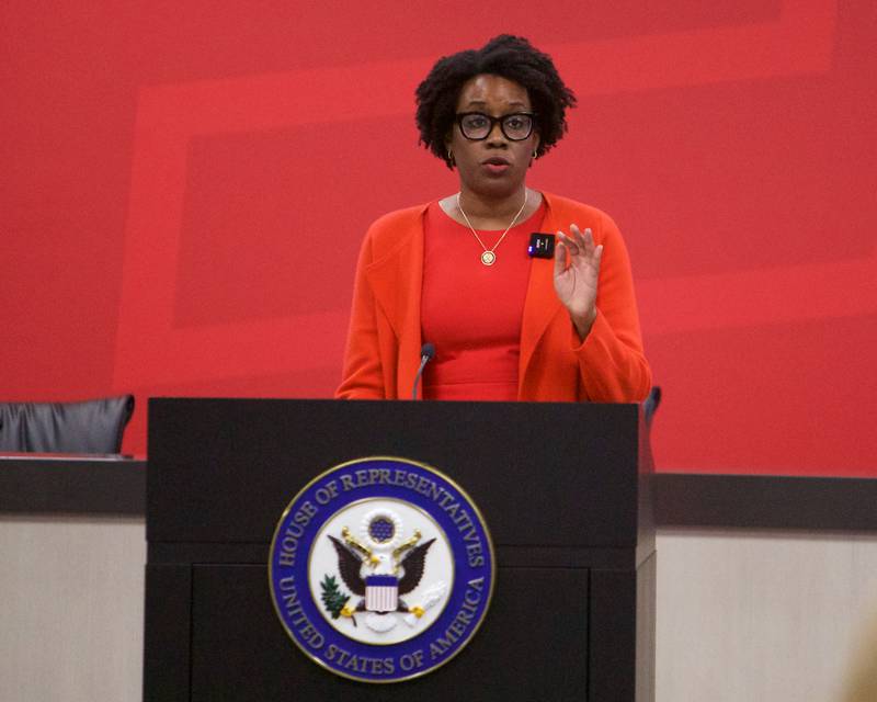 U.S. Rep. Lauren Underwood, D-Naperville, speaks at a town hall at East Aurora School District 131 on Saturday, Aug.9, 2025, in Aurora.