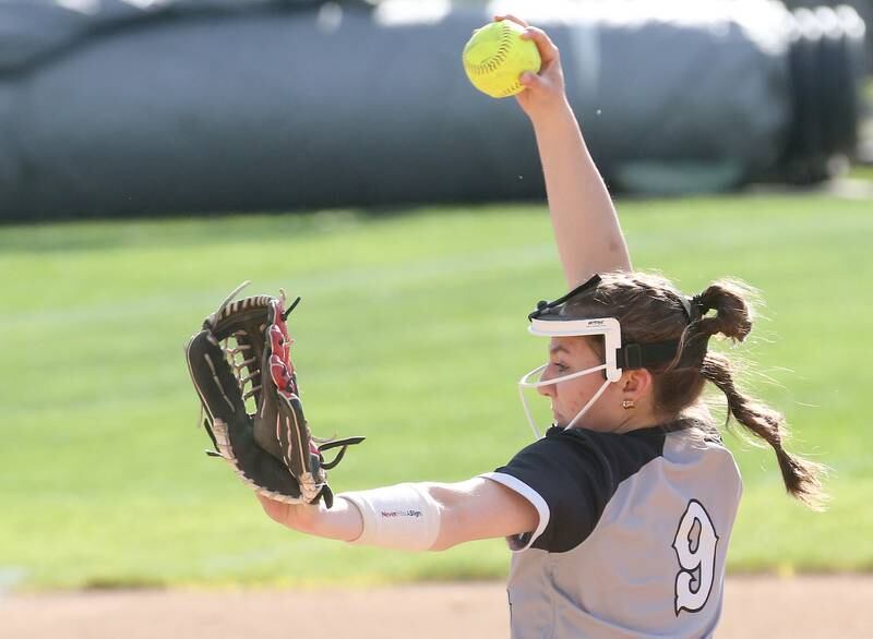 Woodland/Flanagan-Cornell pitcher Shae Simmons lets go of a pitch against St. Bede on Monday, April 29, 2024 at St. Bede Academy.