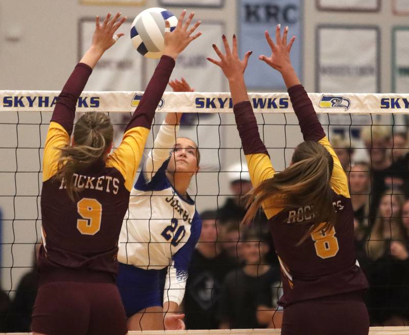 Johnsburg’s Kaia Sasak hits the ball against Richmond-Burton in varsity girls volleyball at Johnsburg High School in Johnsburg on Thursday, August 25, 2025.
