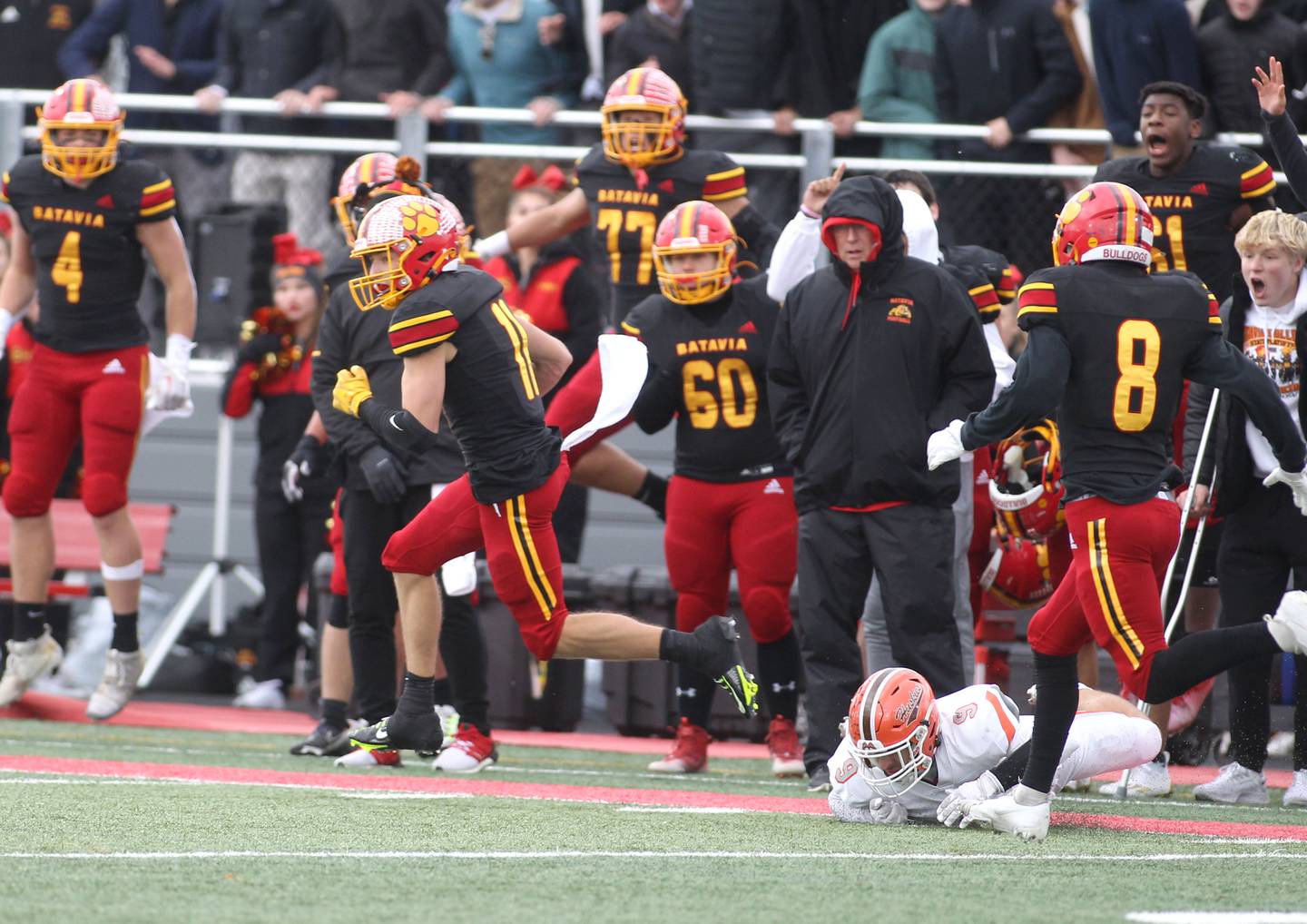 Batavia’s Drew Gerke returns a kick-off 85 yards for a touchdown during their Class 7A second-round playoff game in Batavia against Hersey on Saturday, Nov. 5, 2022.