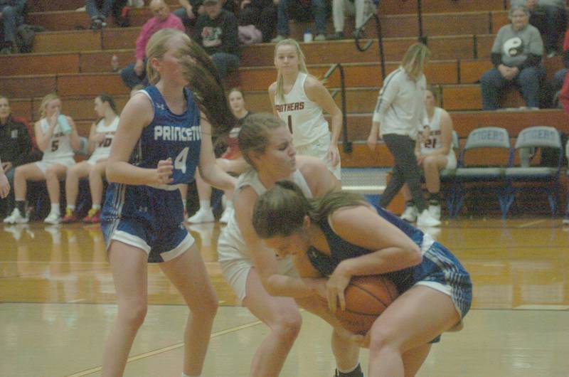 Princeton's Miyah Fox battles for the ball in Saturday's championship game of the Princeton Holiday Tournament.