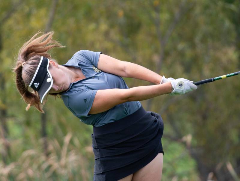 Brianna Chamoun from Sycamore hits a drive off the No. 1 tee in the Girls Class 2A Belvidere Sectional golf tournament on Monday, Oct. 4, 2021 at Timber Pointe Golf Club near Poplar Grove.