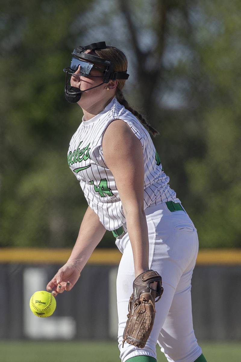Rock Falls’ Korah Hosler fires a pitch in relief against Oregon Wednesday, April 22, 2026.