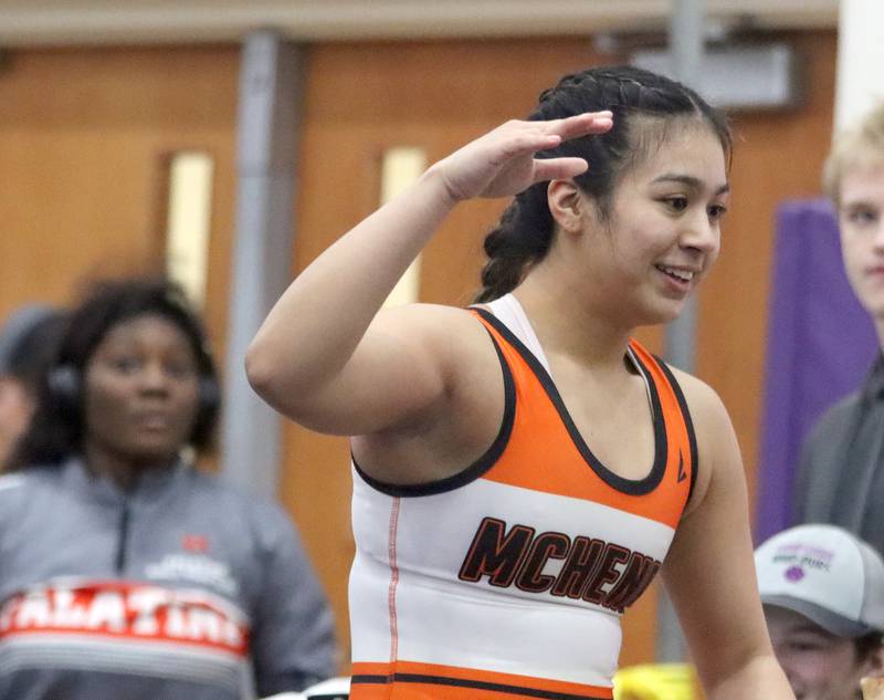 McHenry’s Natalie Corona reacts after a win over Barrington’s Nicole Dziura at 140 pounds in IHSA Regional wrestling semifinal action on Saturday, Feb. 1, 2025, at  Hampshire High School  in Hampshire.