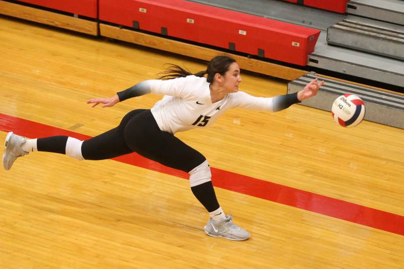 Sycamore's Lillian jones chases down a ball against L-P on Tuesday, Sept. 23, 2025 in Sellett Gymnasium at L-P High School.