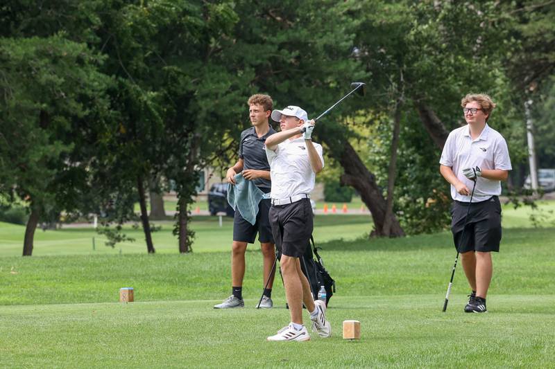 Beecher's Jacob Benck tees off during the Bill Breeden All-Area Classic at the Kankakee Elks on Monday, Aug. 18, 2025. Benck scored a 90 to help the Bobcats to their fifth consecutive overall win in the event.