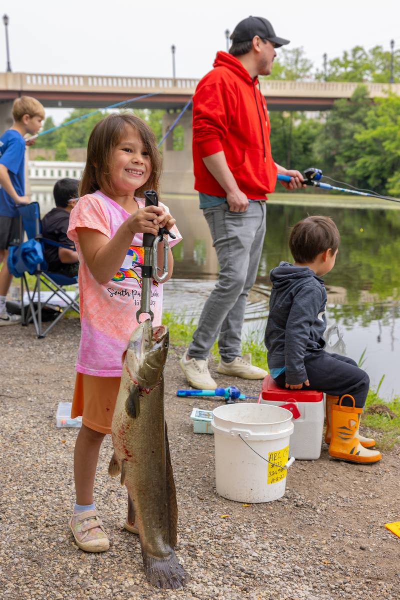 Marcella Rodriguez struggles to hold her twenty seven inch bowfin fish that she caught at the 38th Annual Kid's Free Fishing Tournament on June 7, 2025 at Lock 14 in La Salle. The fish would go on to be the largest fish of the tournament.