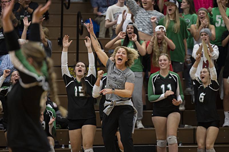 Rock Falls coach Sheila Pillars reacts to winning the regional against Newman Thursday, Oct. 26, 2023 in the class 2A regional finals at Riverdale.