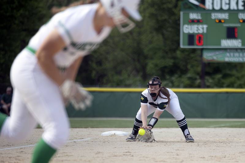 North Boone’s Haven Hahn scoops a ball at third against Rock Falls Friday, May 19, 2023.