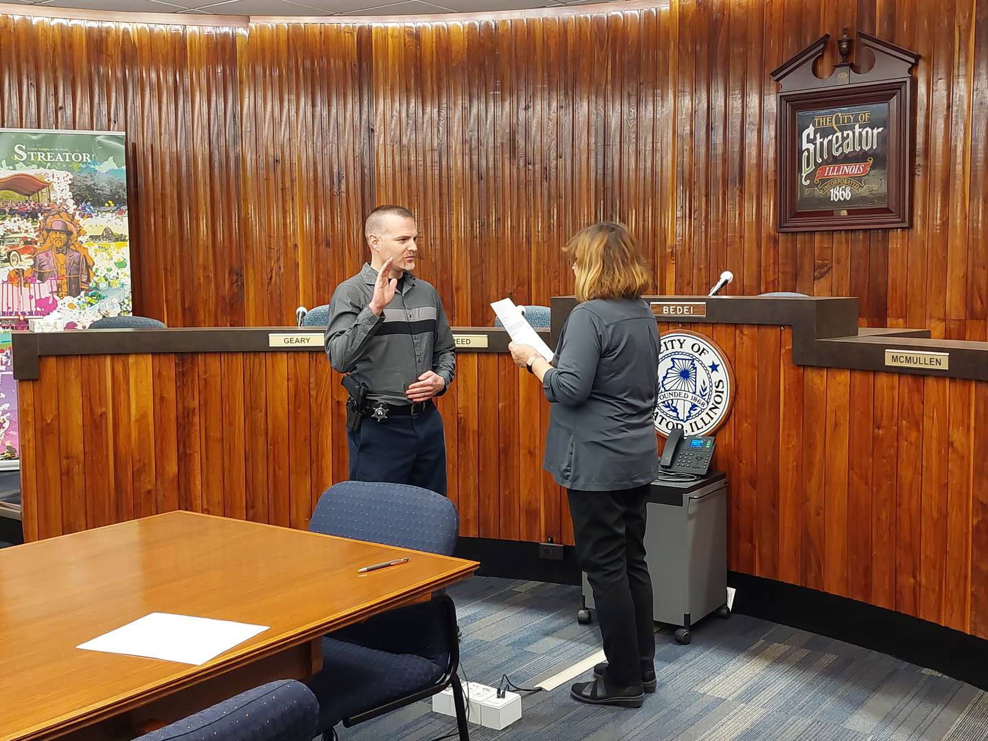 Streator Police investigator Ryne Reel is sworn-in as sergeant on Monday, April 8, 2024, at Streator city Hall.