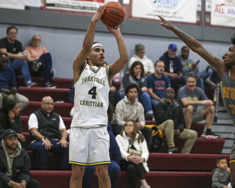 Yorkville Christian's Tray Alford (4) shoots a jumper during their basketball game between Christ the King at Yorkville Christian, Feb 6, 2026 in Yorkville.