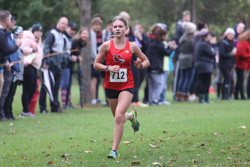 Yorkville’s Sophia Keeler finishes third in the Southwest Prairie Conference meet at Channahon Park in Channahon on Friday, Oct. 13, 2023.