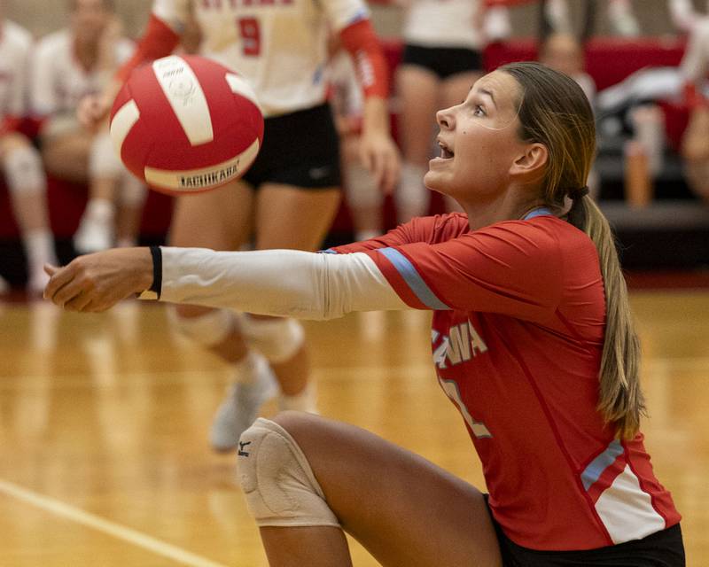 Meredith Waldron (2) of Ottawa hits volleyball on Thursday, Sept. 18, 2025 at Ottawa High School in Ottawa.