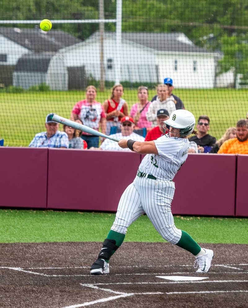 St. Bede's Ava Balestri punches a single to left in the seventh inning of Friday's Class 2A Chillicothe Sectional championship. Brimfield scored four runs in the bottom of the sixth inning to rally for a 4-1 win.