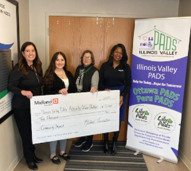 Pictured (from left to right) Jennifer Dallas of Midland States Bank; Jamie Policky of Midland States Bank; Carol Alcorn of Illinois Valley PADS and Martesha Brown of Midland States Bank pose for a photo as Midland States Bank donates $10,000 to Illinois Valley PADS.
