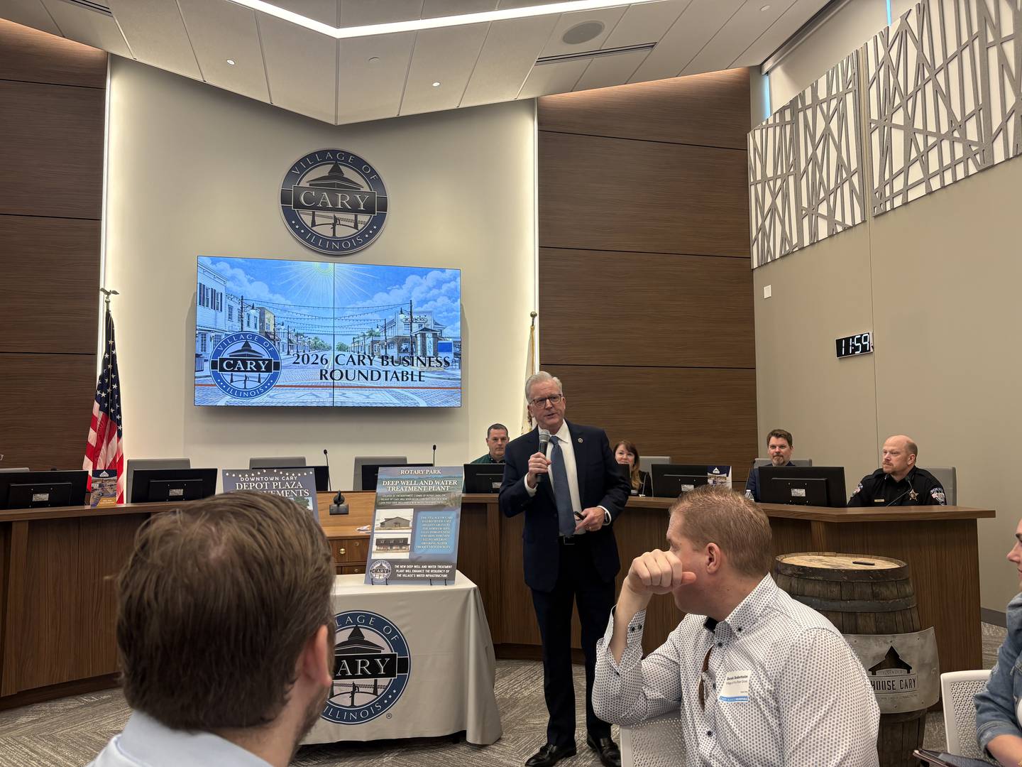 Cary Mayor Mark Kownick speaks at the business roundtable event, hosted by the Cary-Grove Area Chamber of Commerce, on March 19, 2026.