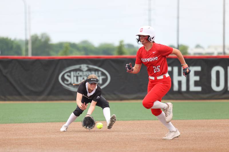 Prairie Ridge's Adysen Kiddy fields a grounder at shortstop during the Wolves' 5-0 loss to Glenwood in the IHSA Class 3A state semifinal on June 13, 2025.