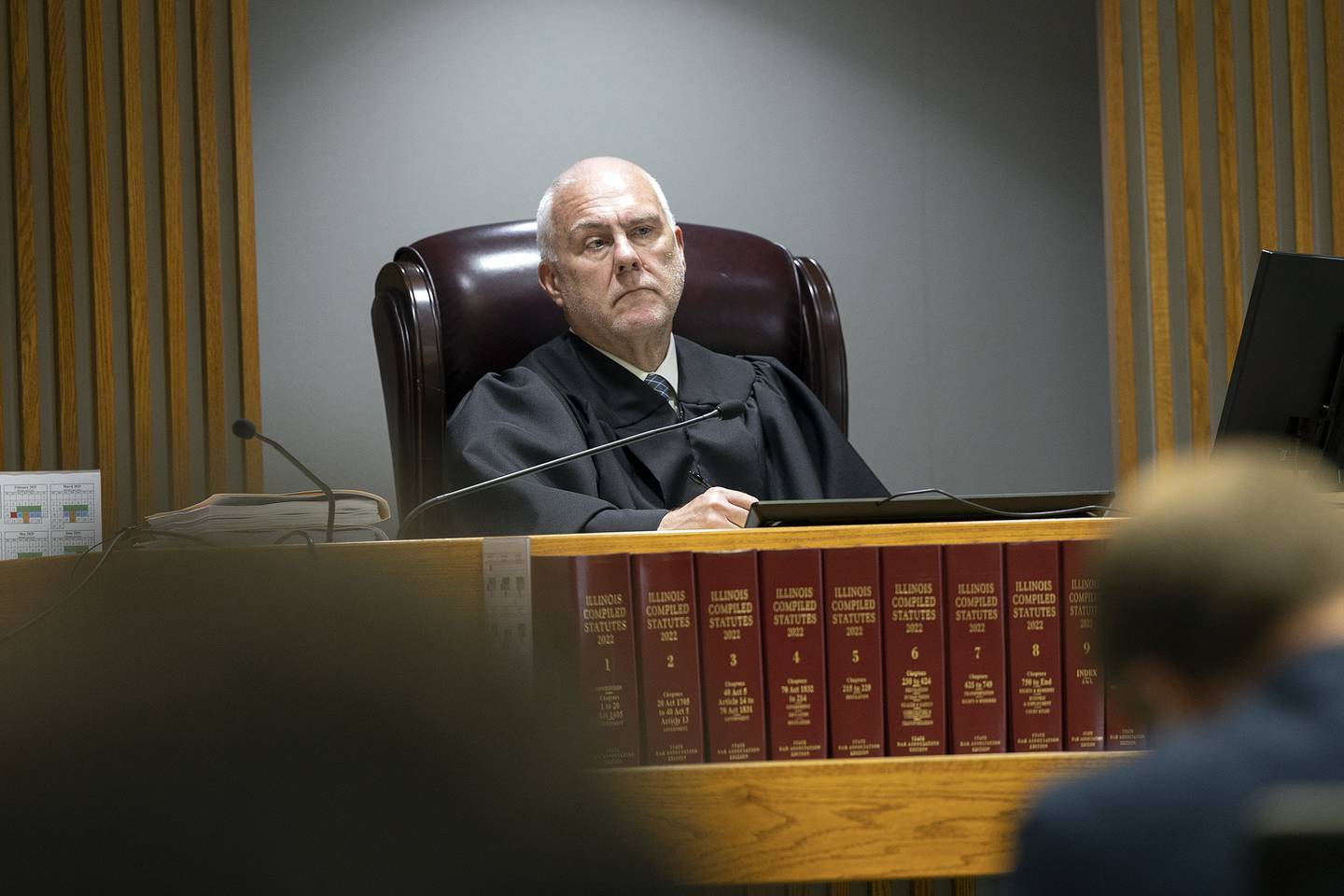 Whiteside County Circuit Court Judge James Heuerman listens Wednesday, May 14, 2025, during a hearing for Kyle Cooper.