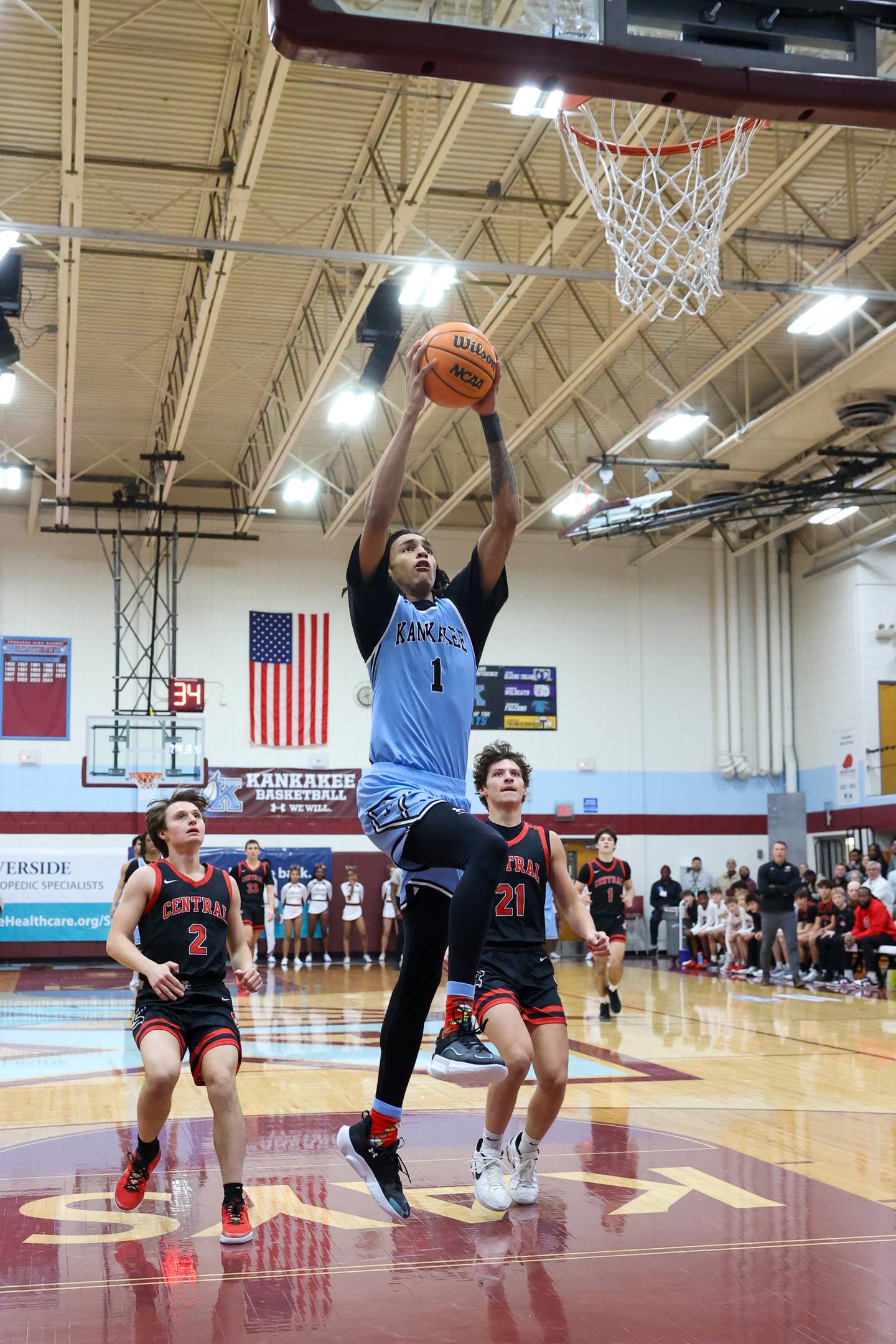 Kankakee's Lincoln Williams approaches for a dunk during the Kays' 54-50 victory over Lincoln-Way Central in the 75th Kankakee Holiday Tournament maroon bracket championship on Sunday, Dec. 28, 2025.