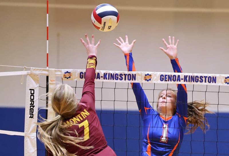 Genoa-Kingston's Annabelle Peters tries to block the tip of Montini's Sophie Maquet during their match Tuesday, Sep. 5, 2023, at Genoa-Kingston High School.