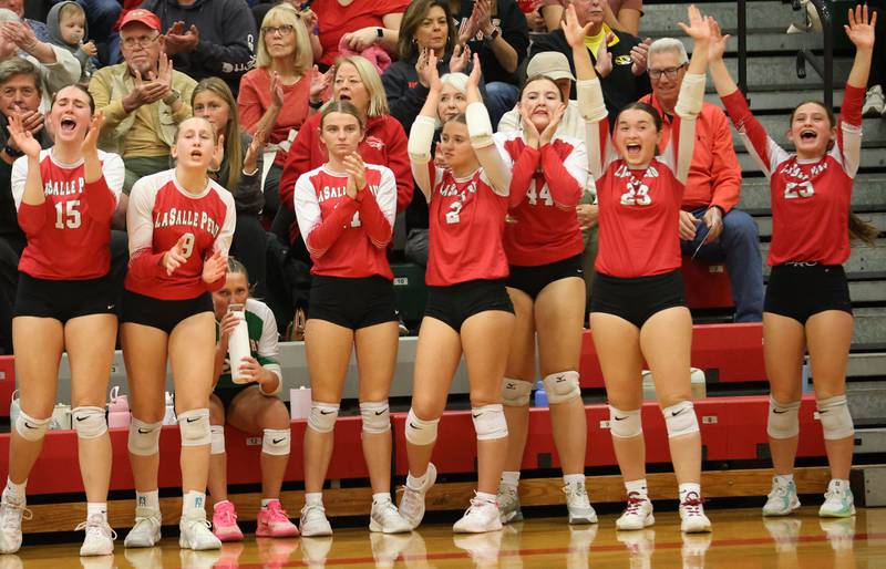 Members of the L-P volleyball team react after scoring a point during the Class 3A Sectional final game on Thursday, Nov. 6, 2025 in Sellett Gymnasium at L-P High School.