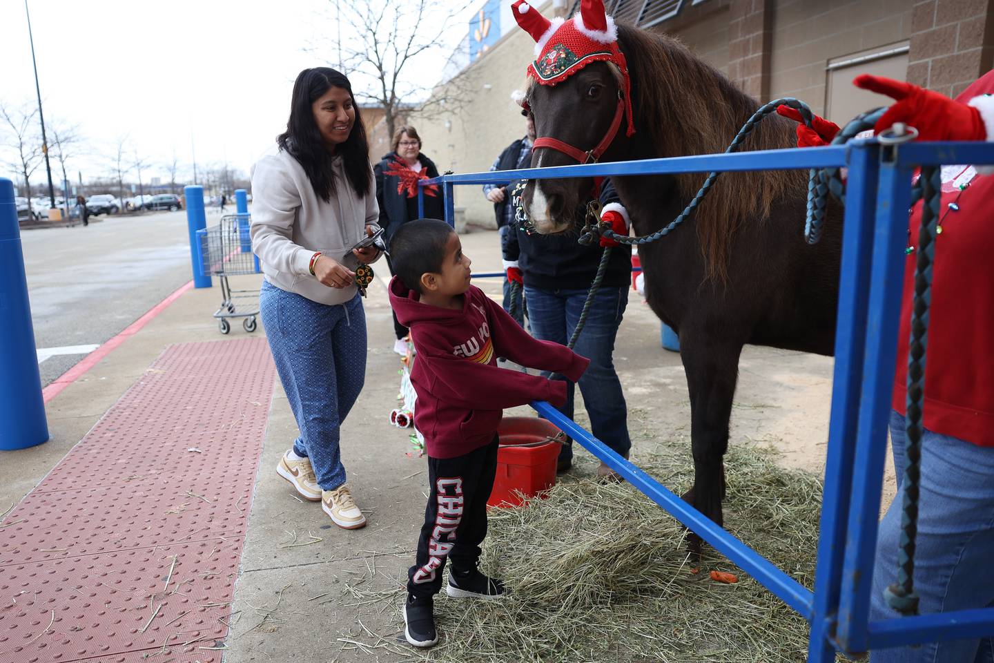 Moses Escobar, 5-years old, holds the reigns of Dolly, a Kentucky Mountain Brown Palomino horse while his mother Yunuen enjoys the moment. The Will County Trail Riders brought horses as they volunteered for the Salvation Army on Saturday, Dec. 2nd, 2023 at Walmart in New Lenox.