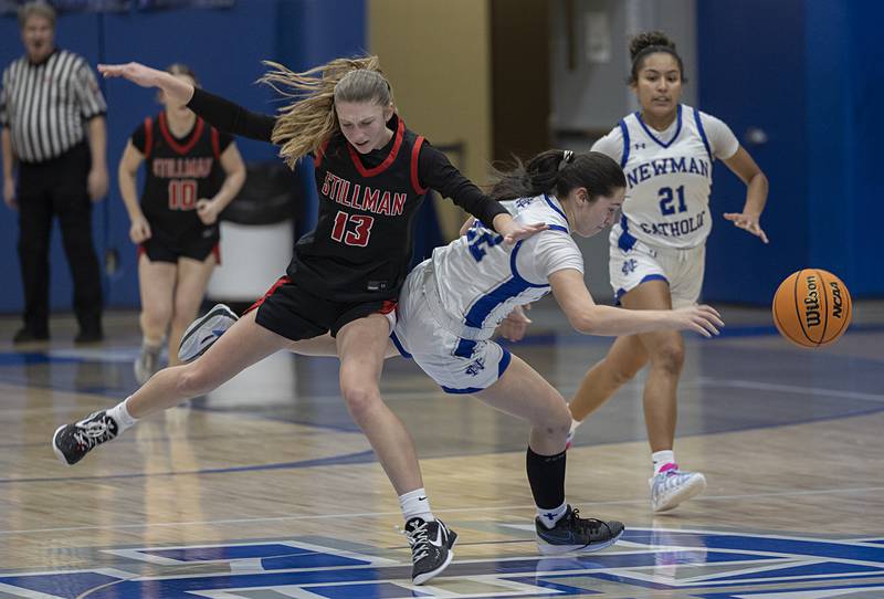 Newman’s Anna Propheter and Stillman Valley’s Lillian Green go down in a heap Monday, Feb. 2, 2026.