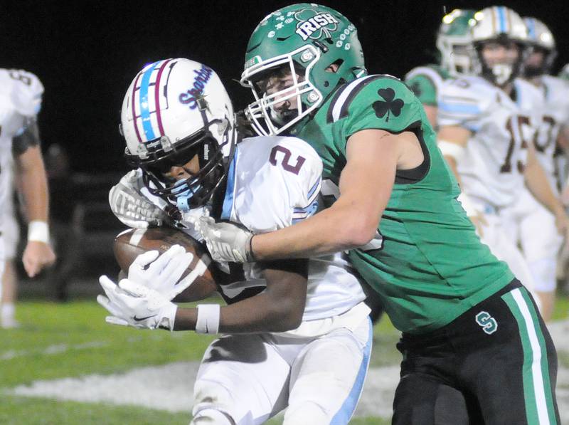 Seneca's Cam Shriey tackles SJO's Tim Blackburn-Kelley (2) on Friday, Oct. 17, 2025 at Seneca High School.