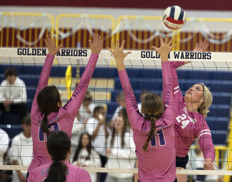 Sterling’s Carley Sullivan hammers a shot against Mendota Thursday, Oct. 24, 2024, in Sterling.