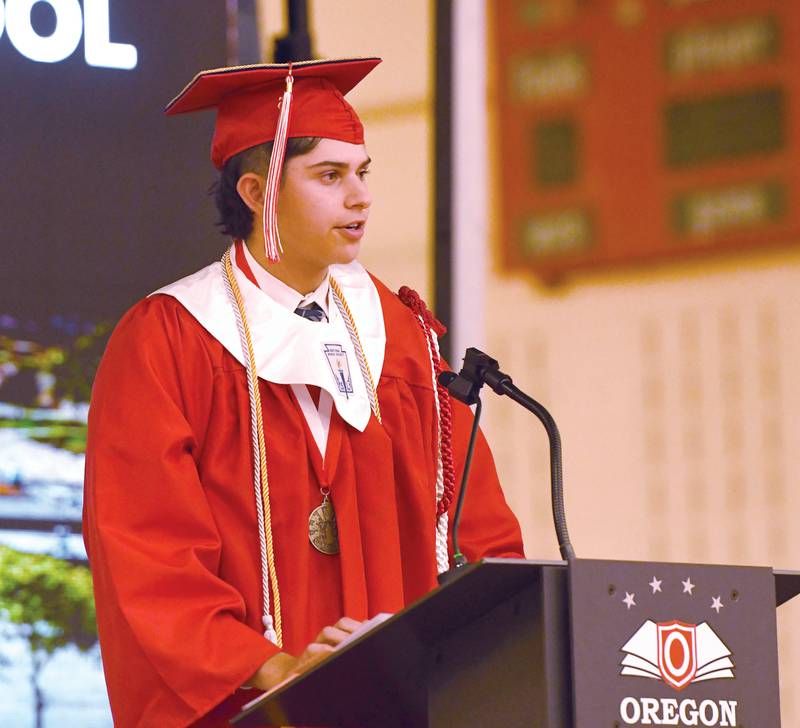 Oregon High School graduate Nole Campos speaks to the crowd during his "Senior Reflection" speech at the Class of 2026 commencement ceremony on Sunday, May 24, 2026.