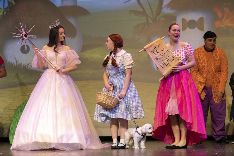 Olivia Clark (left), Katarina Verdick and Layla Young act out a scene during rehearsal Wednesday, April 9, 2025, for Newman High School’s rendition of “The Wizard of Oz.”