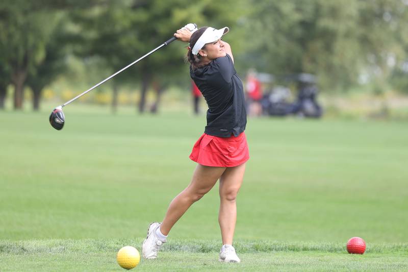 Lincoln-Way Central’s Sophia Thorne drives on No. 11 in the Class 2A Bradley Regional at the Green Garden Country Club in Frankfort on Thursday, Sept. 28, 2023.